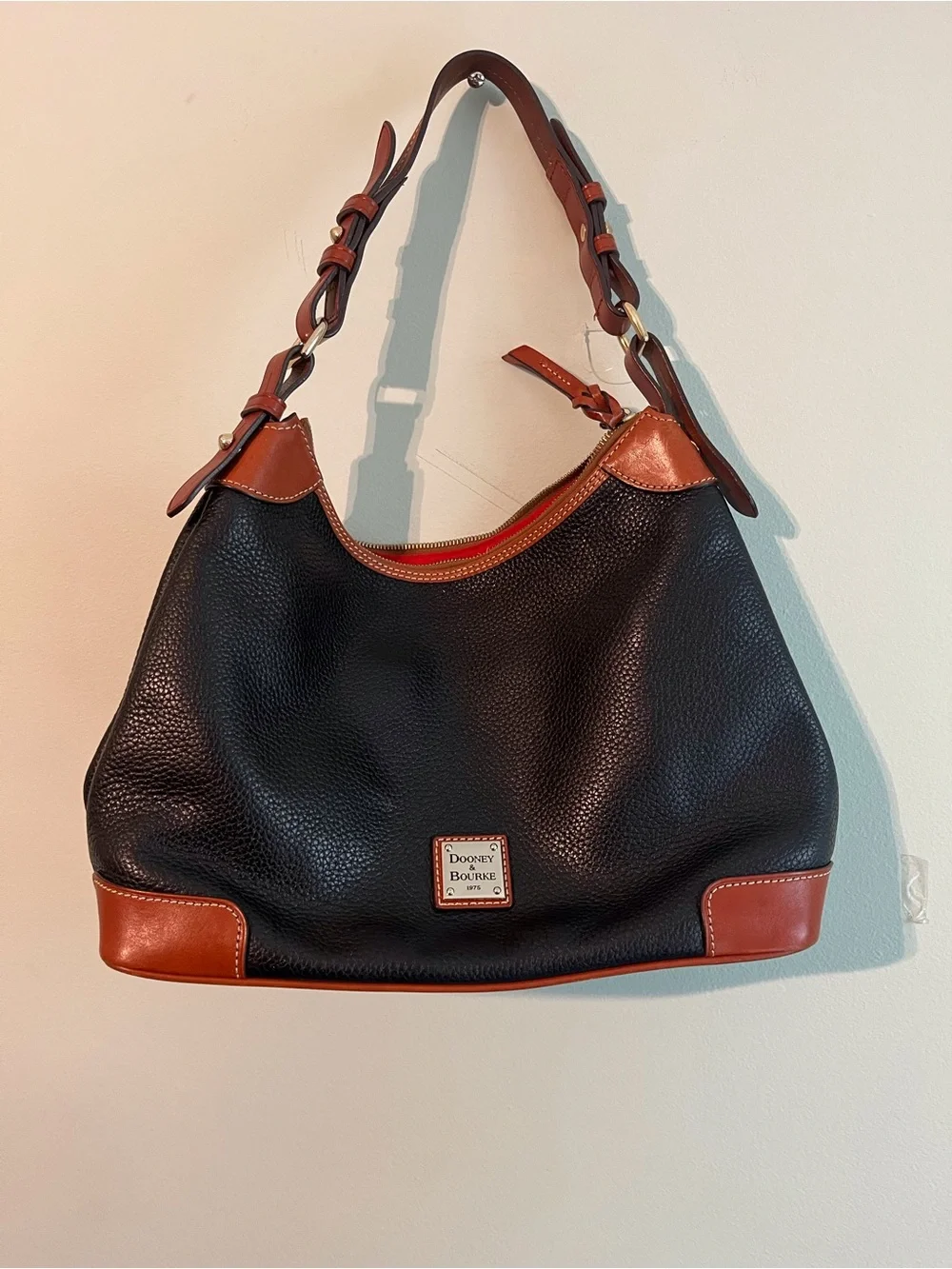 Dooney & Bourke Black Pebble Leather Hobo with Brown Trim and Strap